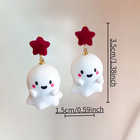 Cute Kawaii Halloween Spooky Red Star Ghost Drop Earrings - Picture 2 of 2